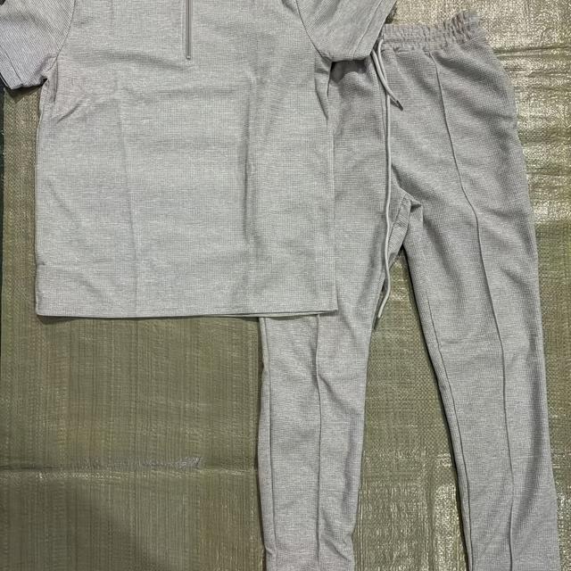 TEMU 2pcs Men's Casual Short Sleeve Zip-collar T-shirt And Long Pants Set, Fit, Solid Ord Set