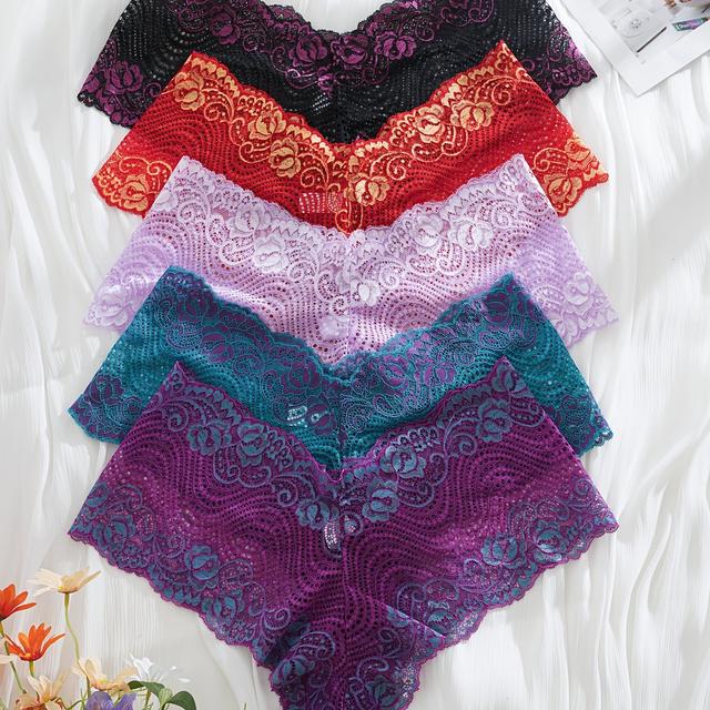 TEMU 5pcs Of Spliced Fun Triangle Pants With Sexy And Lace Patterns, Contrasting Colors, Breathable And Comfortable Splicing, Soft Women's Underwear And Underwear