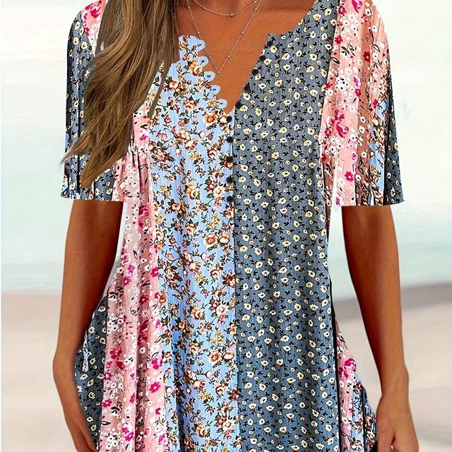 TEMU Plus Size, Damernas Plus Size V-ringad kortärmad blus - Löst sittande knappframsida Casual lämplig för vår, och höst