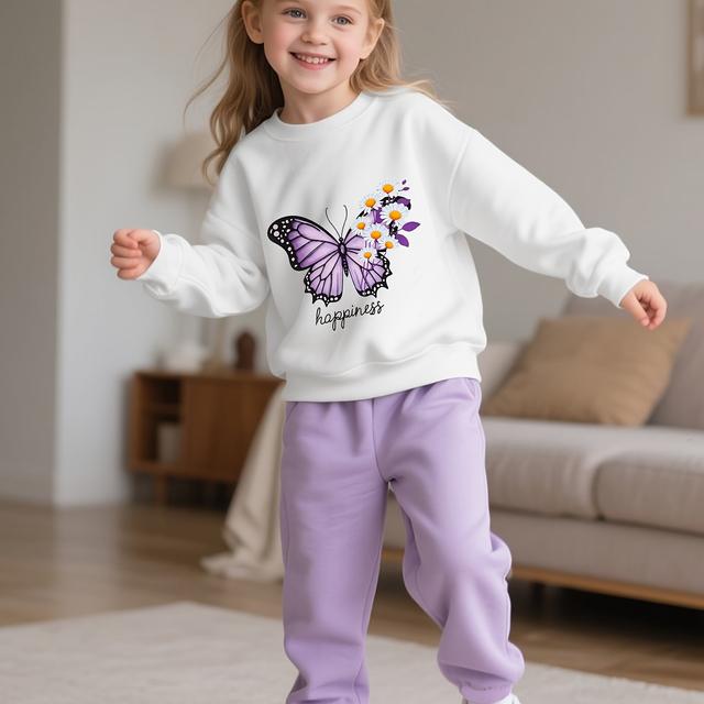 TEMU Frühlingsmode-Sweatshirt mit Schmetterlingsdruck + 2-teiliges Set für kleine Mädchen, geeignet für Herbst/Winter, Outdoor-Kleidung, perfekt für draußen