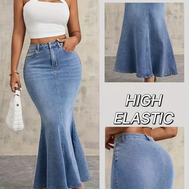 TEMU Damens High-Waisted Stretch Skinny Denim-Meerjungfrau-Rock – Ausgestellter Saum, Uni-Farben, Nur Handwäsche, Casual bis Semi-Formelle Outfits für Frühling Sommer Herbst