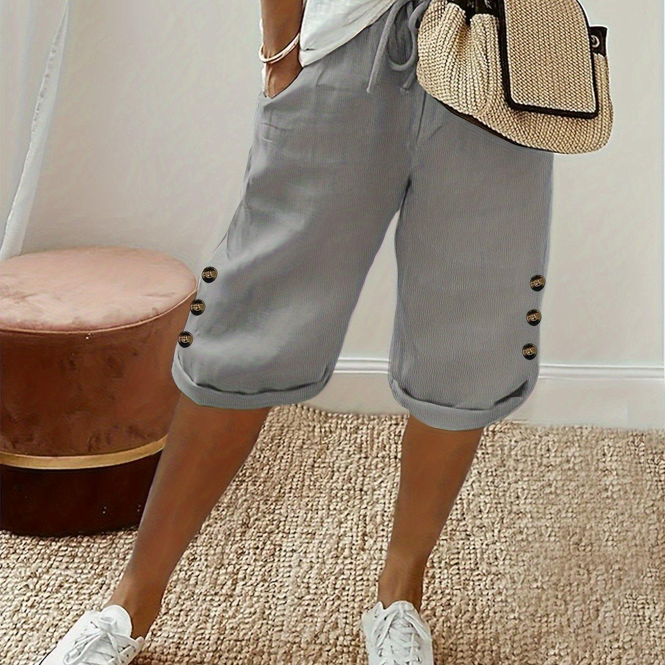 TEMU Plus Size, Women's Casual Solid Color Button-decorated Drawstring Mid-length Pants