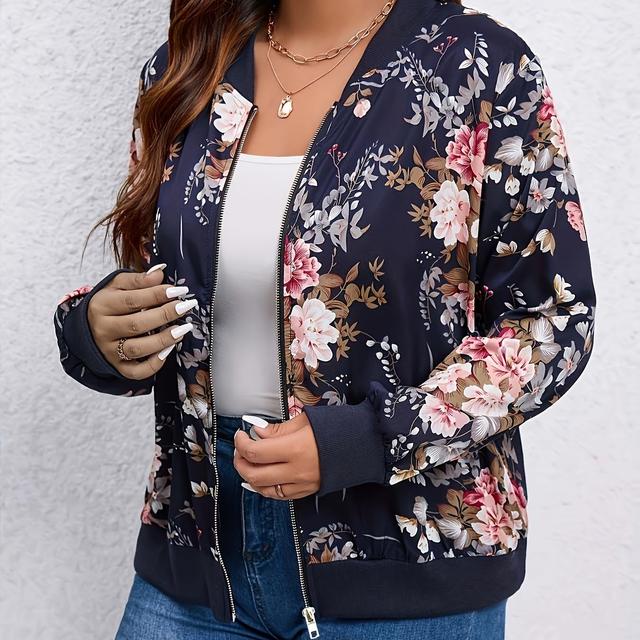 TEMU Veste à motif floral grande taille avec fermeture éclair complète, veste décontractée à manches longues pour et l'hiver, vêtements grande taille pour femmes