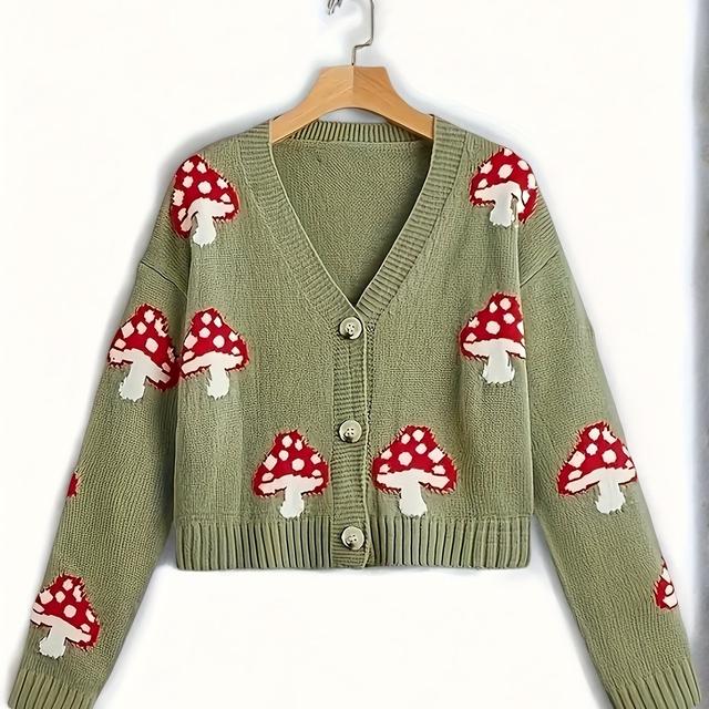 TEMU Cárdigan Estilo Coreano con Estampado de Hongos, Top Corto Suelto de Color Sólido, Lindo y Abrigo para Citas y Salidas, Disponible