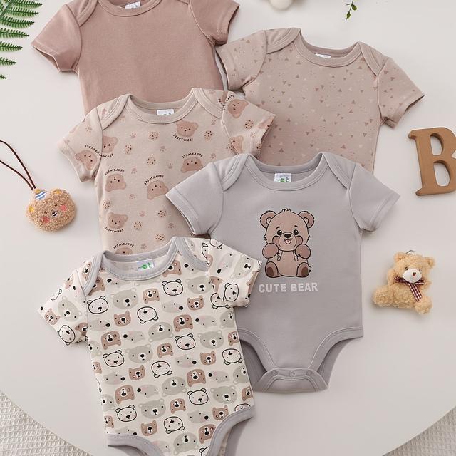 TEMU 5pcss Boy Cartoon Khaki Bear Print Comfortable Soft Short Sleeve Summer Outfit 5pcss Baby Romper Set, For Outdoor