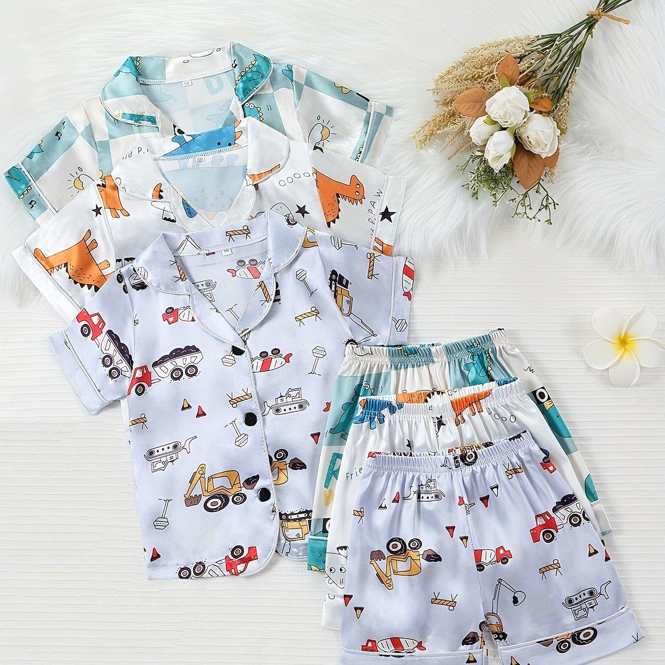 TEMU Summer Multi-piece Cartoon Print Pajamas Short-sleeved Shorts 3pcs Set Combination Homewear