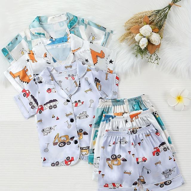 TEMU Summer Multi-piece Cartoon Print Pajamas Short-sleeved Shorts 3pcs Set Combination Homewear