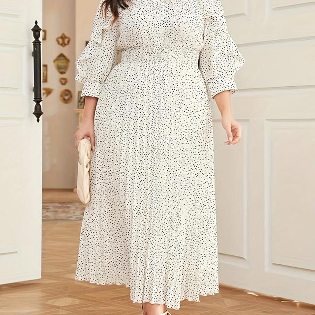 TEMU 1pc Elegante Plus Size Polka Dot Print Jurk, Polyester, Gestructureerde Pasvorm, Staande Kraag, Niet-Stretch, Geweven Stof, voor Lente/Herfst
