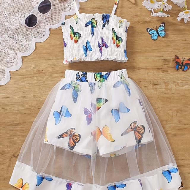 TEMU Girls' Two-piece Suspender Drawstring Random Print Short Top + Short Spliced Mesh Set Summer Casual, For Outdoor