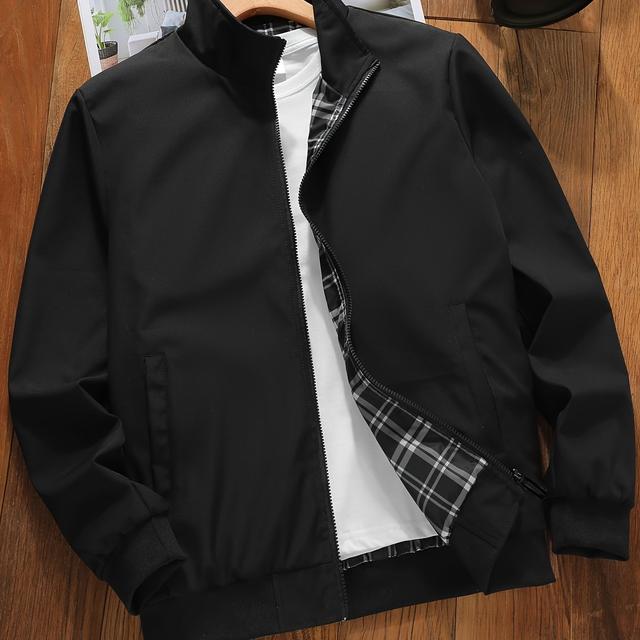 TEMU Chaqueta Casual para Hombre de Color Sólido, Forro a Cuadros, Cuello , Cremallera Frontal, Bolsillos , Chaqueta de Poliéster para Todas , Ideal para Uso Casual