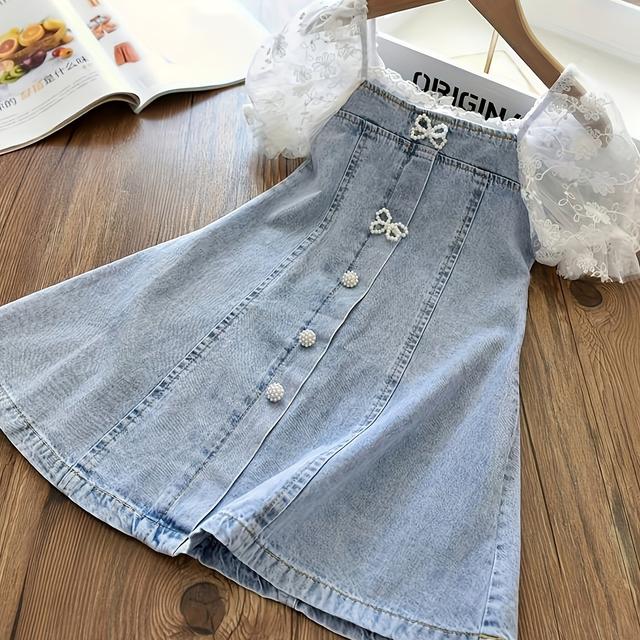 TEMU Girls' Elegant Pearl Bubble Gauze Sleeve Soft Denim A-line Dress, Trendy Summer New Style For Children