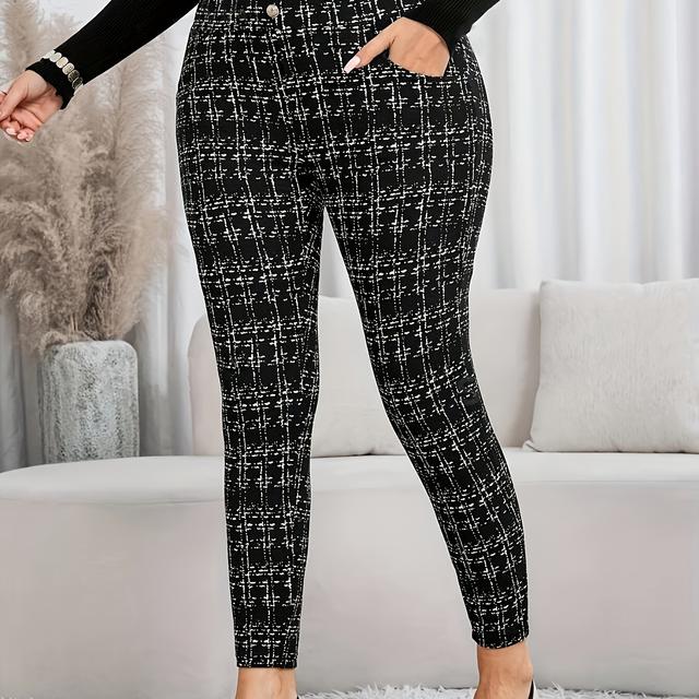 TEMU Plus Size Women's Elegant Check Straight-leg Pants - High Elasticity Trousers With Button Detail, Black & White Grid Pattern For Casual & Formal Wear, Versatile Clothing, Highelasticity Fabric