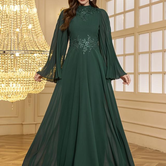 TEMU Ladies' Round-neck Pleated Long-sleeve Waist-cinching Light Luxury Beaded Embroidery Elegant Evening Gown Dress