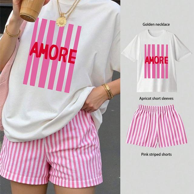 TEMU Italienischer Stil Liebesfrau Lässiger Rundhals Rosa Streifen Einfacher Anzug