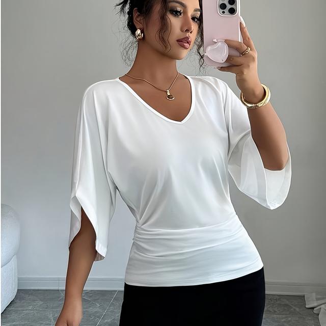 TEMU Women' Color Short-sleeve T-shirt With V-neck And Batwing Sleeves