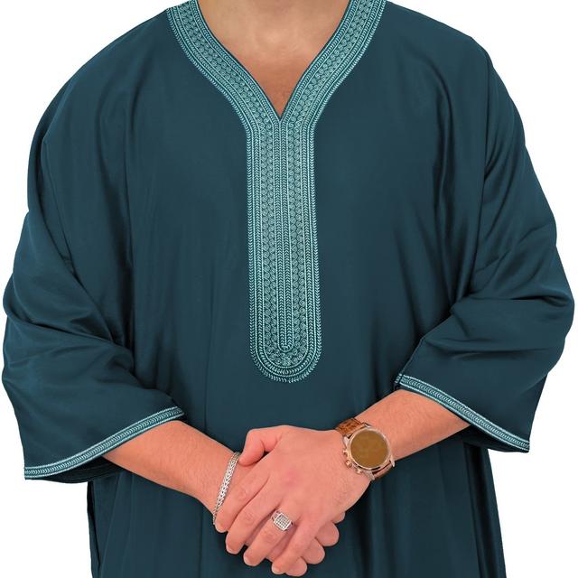 TEMU Eibbylink Heren Marokkaanse Geborduurde Kaftan met Zijzakken - Casual Polyester V-hals Robe, Lente/Zomer Kleur, Geweven, Islamitische Kleding voor Arabische en Dubai Stijl
