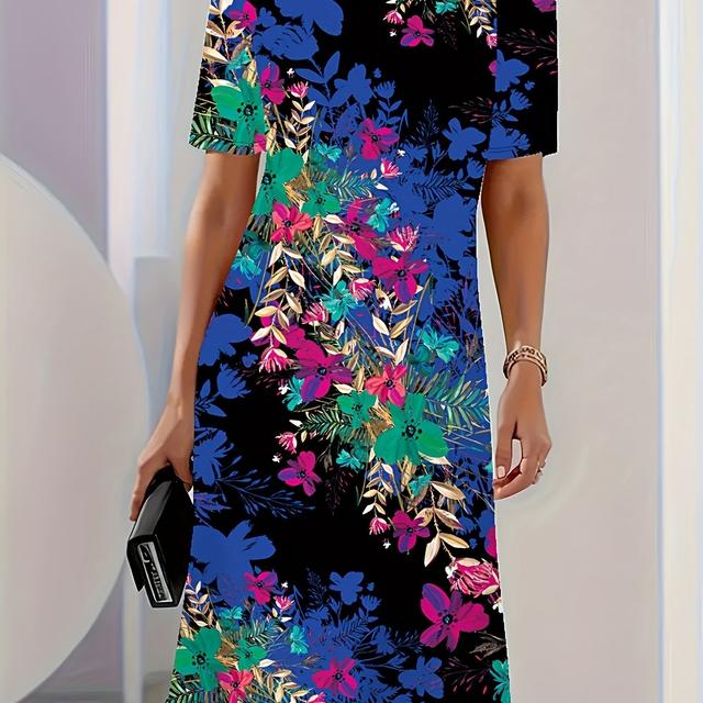 TEMU Elegant Plus Size Floral Print Midi Dress - Short Sleeve, Crew Neck, Stretchy Fabric, Fashion, Floral Pattern, Pullover Style, Dress|floral Print Dress|stretchy Dress
