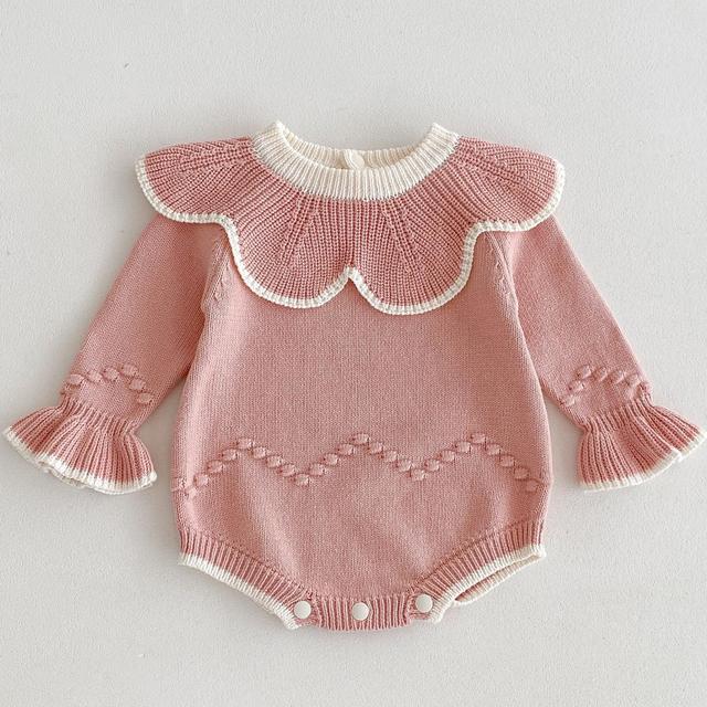 TEMU New Autumn Style Knitted Romper For Baby Girls With Handmade Pom-poms And A Collar