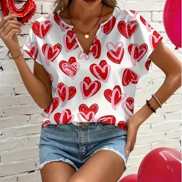 TEMU Print V-neck Loose Fit Versatile Fashion Short Sleeve Top Yy0327566