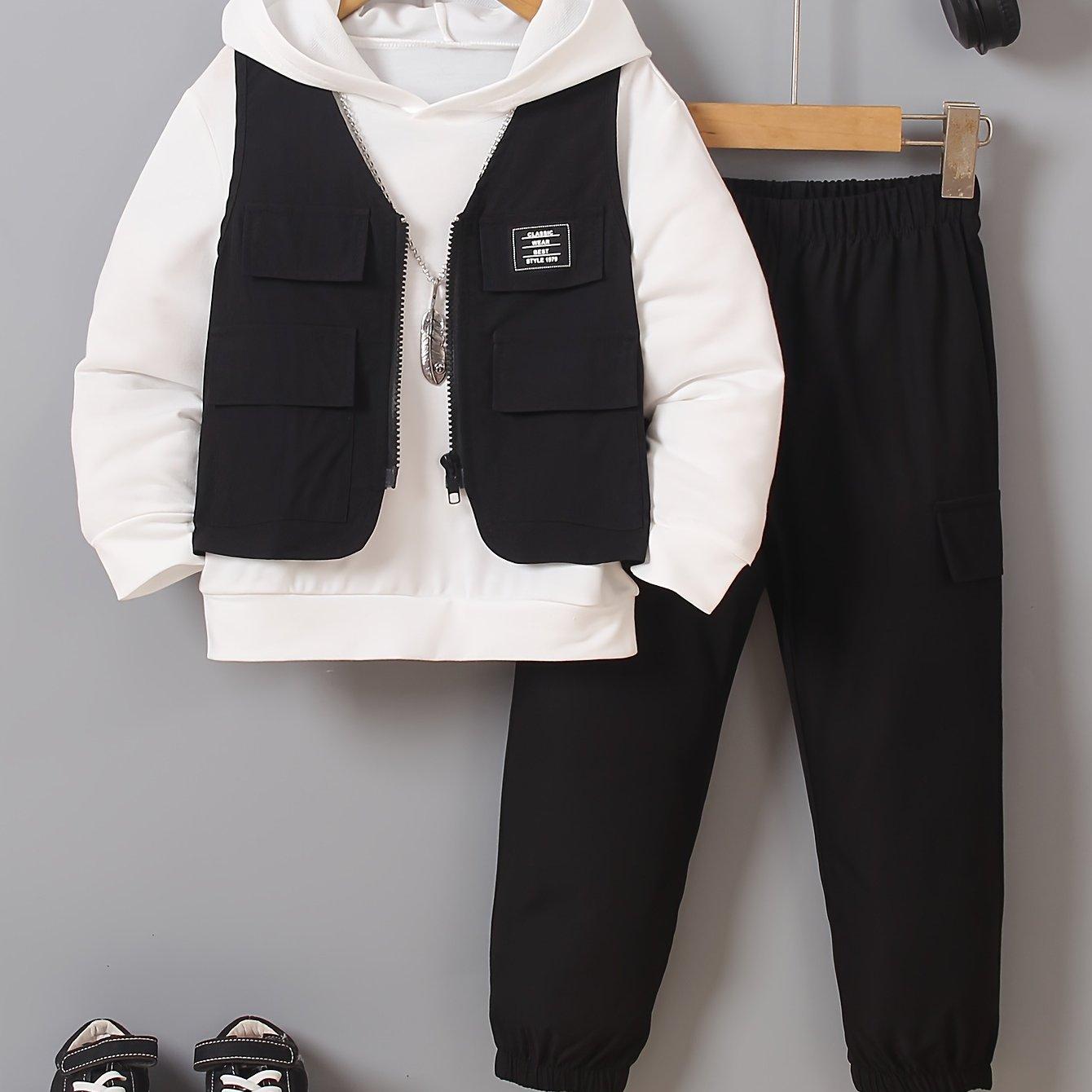TEMU 3pcs Boys' 3-set Outfit: Sweatshirt Top + Zip-up Vest + Pants Set, Fashionable And Comfortable Autumn/winter Children's Outfit, Perfect For Outdoor