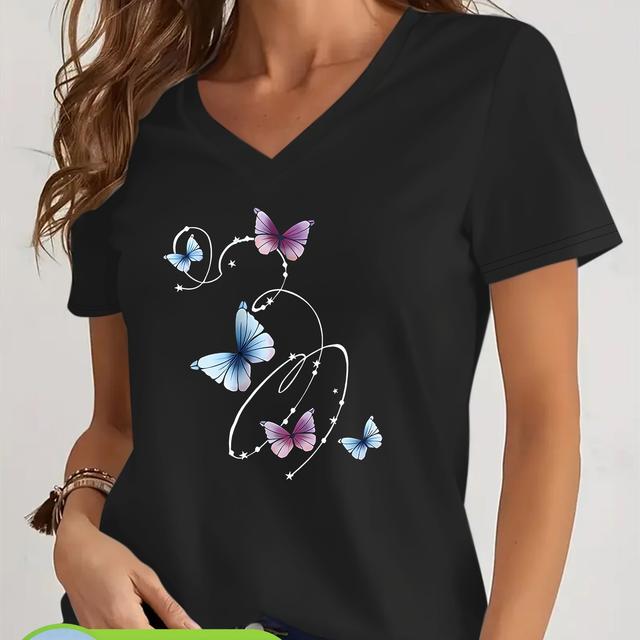 TEMU Spring And Summer Women's Short-sleeve V-neck Top Made Of , Featuring A Blue-purple Gradient Print, Perfect For Casual And