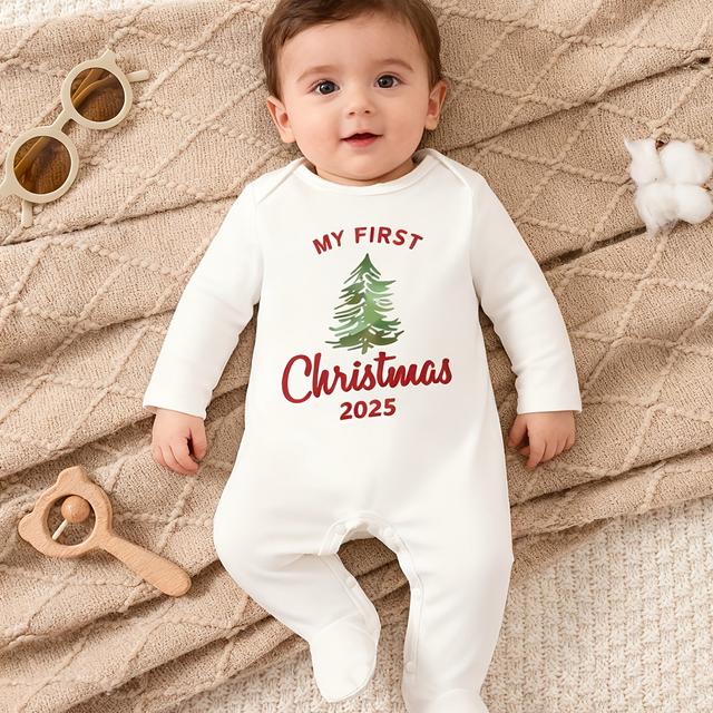 TEMU 2025 Christmas Tree Letter Print Baby Long Sleeve Footed Romper, Children's Envelope Neck Bodysuit, Newborn Onesie, Toddler Outdoor Crawling Suit, Infant Romper, Children's , Christmas Gift
