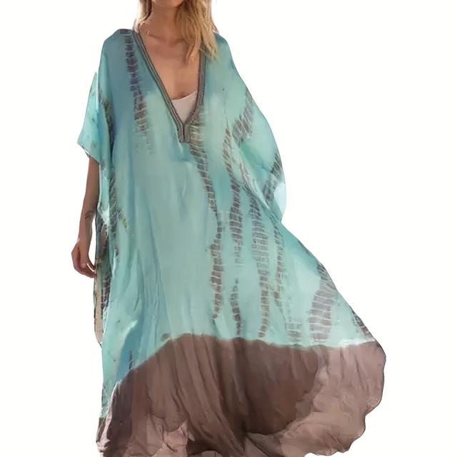 TEMU Women's Bohemian Beach Cover-up Dress - Loose Fit, Long Sleeve, Tiered Design With Asymmetrical Hem, Light , Summer Vacations And Beach , Beach Dress