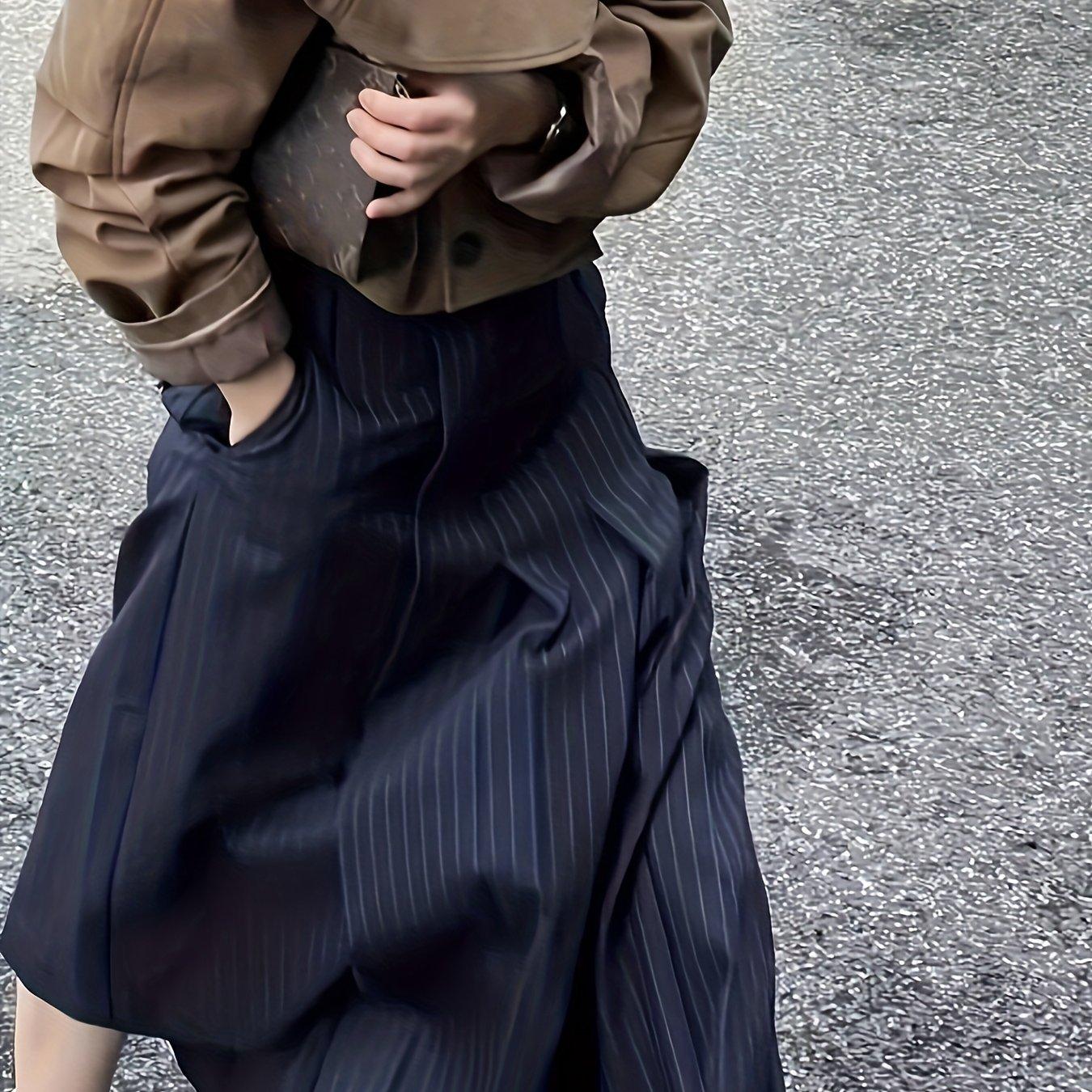 TEMU Elegant New Striped Skirt, High-waisted Vintage A-line Midi Skirt, '