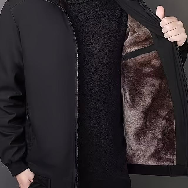 TEMU 1pc Men's Casual Polyester Fleece Jacket With Zipper Pockets - Solid Color Long Sleeve Lapel Collar Top For Spring/fall/winter, Washable & Windproof, Non-stretch Fabric, Regular Fit