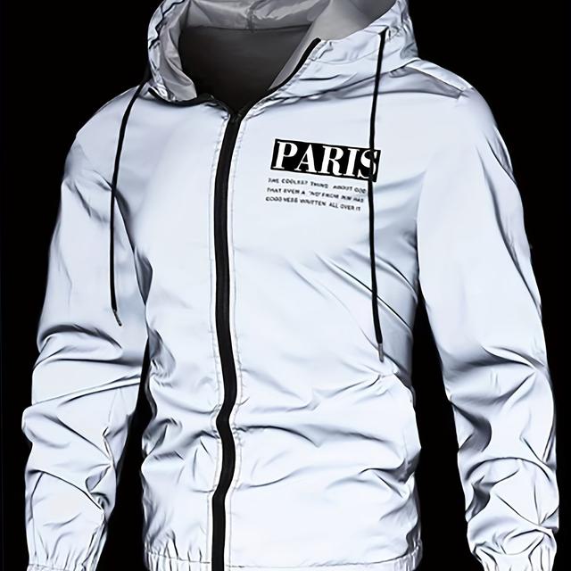 TEMU Men's Lightweight Hooded Jacket - "paris" Print, Zip-up Windbreaker With Adjustable Drawstring Hood, Casual Spring/fall Outerwear, Black & , Windbreaker Jacket, Spring Outerwear, , Durable Fabric