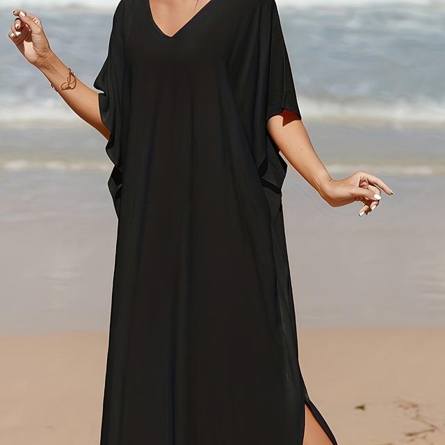 TEMU Robe de plage d'été avec manches chauve-souris, col en V et fente latérale - Viscose légère, design fluide et , parfait pour le bikini et les tenues décontractées, vêtements de plage pour bikini