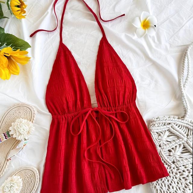 TEMU Women's Casual V-neck Halter Neck Backless Swimsuit Top - Red Lightweight 100% Polyester Beach Cover-up, Machine Washable With Detail & Smooth Texture For Poolside Lounging