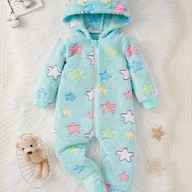 TEMU Baby Girl's Long Sleeve Hooded Footed Jumpsuit, Soft Double-sided Flannel Zip-up Jumpsuit With Colorful Star Pattern, Warm Stylish Comfy Jumpsuit For Autumn/winter Daily & Outdoor Wear