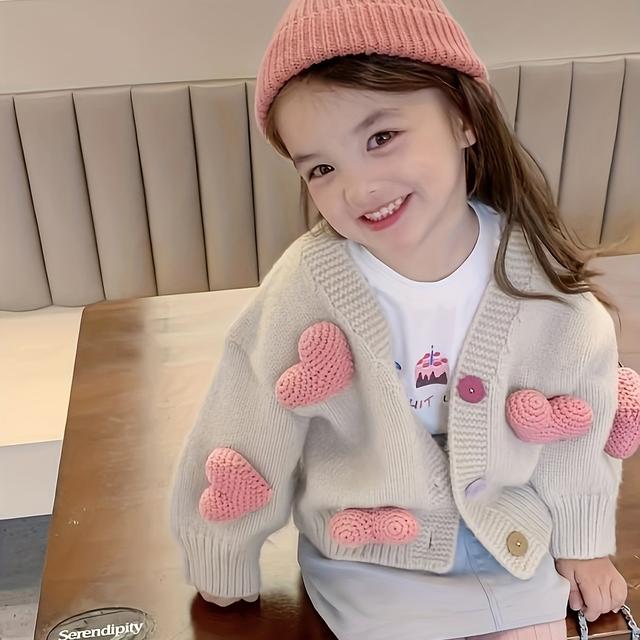 TEMU Girls' Autumn Cardigan Sweater 2024 New Style Girl Heart Knit Pullover Children's Fashionable Outerwear