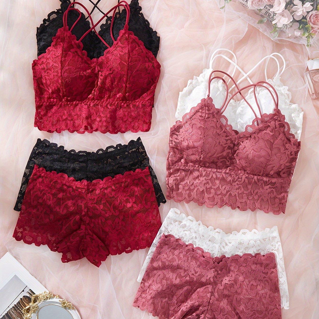 TEMU Ins Sexy Lace Trim Suspender Underwear Without Steel Ring Bra 4pcs Set