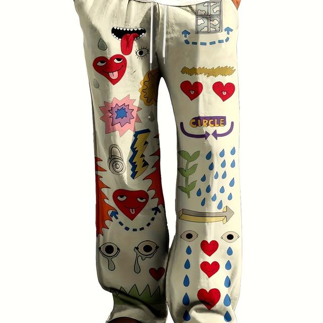 TEMU 남성 & 여성 오버사이즈 바지 - 사계절 루즈핏 잠옷, 포켓 포함, 신축성 없는 원단, 하트 & 원형 프린트 캐주얼 라운지 팬츠, 남성 & 여성용 편안한 홈웨어, 잠옷 바지, 편안한 잠옷, 튼튼한 잠옷