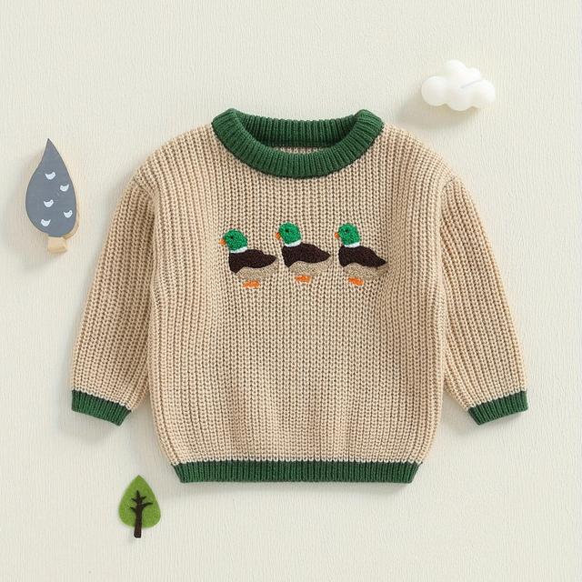 TEMU Toddler Boy Girl Fall Sweaters Long Sleeve Round Neck Duck Embroidery Tops Toddler Sweatshirts