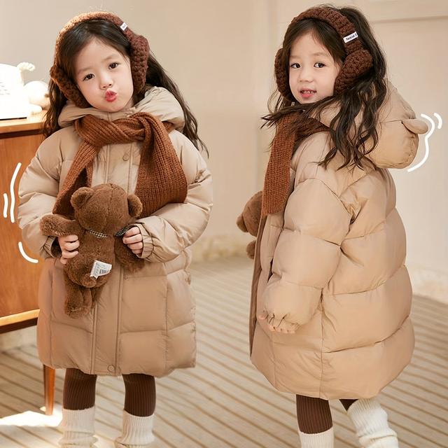 TEMU Kids Winter 2025 New Arrival Thickened Cute Bear Ear Hooded Winter Coat, Solid Color Polyester 100% Non-stretch Woven Fabric, Regular Fit For Boys And Girls