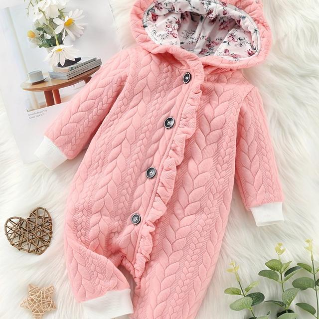TEMU Adorable Floral Hooded Baby Girl Romper With Bunny Ears - Long Sleeve, Single-breasted, Polyester Blend, Machine Washable - , Outdoor
