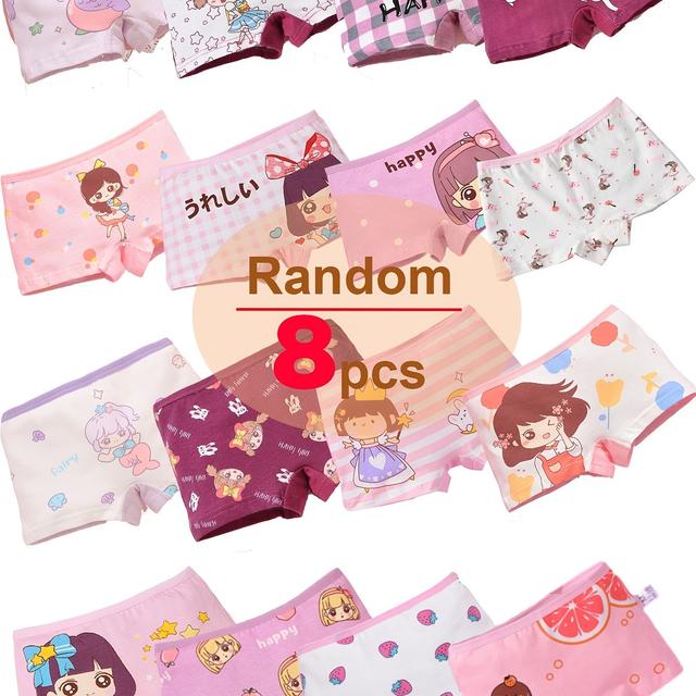 TEMU Set Of 8, Assorted Colors And Patterns, Soft And Comfortable Girls' Underwear, Cute Cartoon Boxers