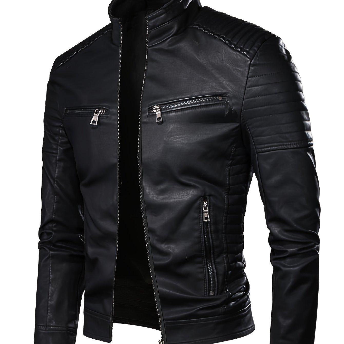 TEMU 2024 Autumn/winter Casual Jacket For Men, Stand Collar Trendy New Style Jacket With Faux Pockets, Motorcycle Style Youth Fashion Men's Coat