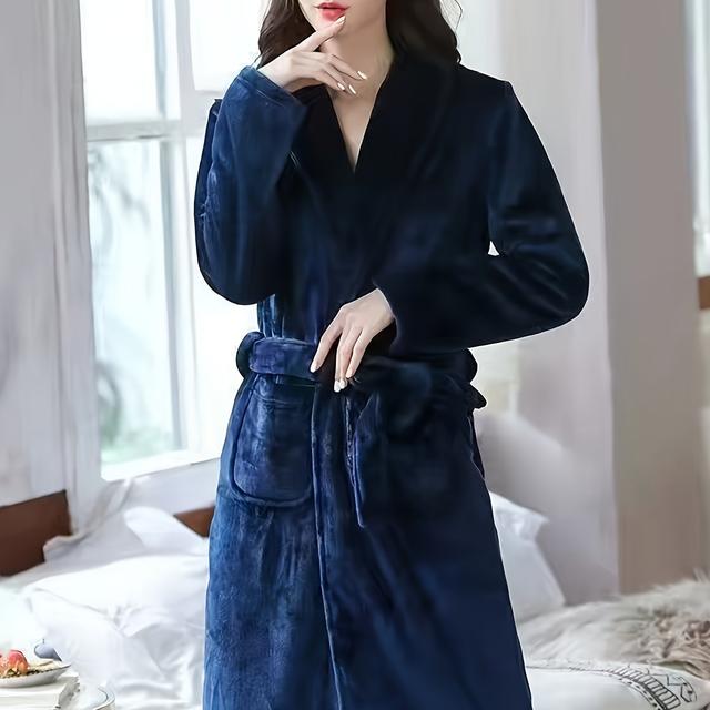 TEMU Albornoz Unisex de Franela Gruesa para Hombres y Mujeres - Cuello Largo con Cinturón Ajustable, Lavable a Máquina en Color Sólido, Abrigo Invierno para , Diseño Elegante y Simple, Larga
