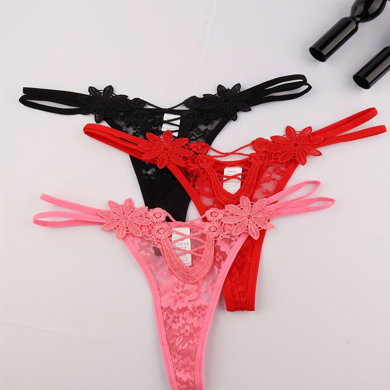 TEMU 3-pack Sheer Low-rise Thong Underwear - V-string Panties With -back & Embellished Net Cut-outs, Sexy Elegant For Types (hand Wash Only) - 3pcs Bulk Pack