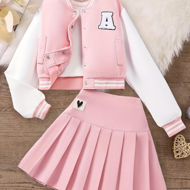 TEMU Ensemble Haut de Baseball Style Campus Tendance pour Filles et Jupe Plissée