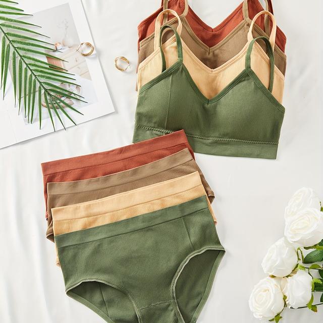TEMU 4 Sets Sexy Ribbed Bralette And High Waisted Panty Set, Assorted Colors, Comfortable Lingerie For Women, Stretchy Breathable Underwear Set