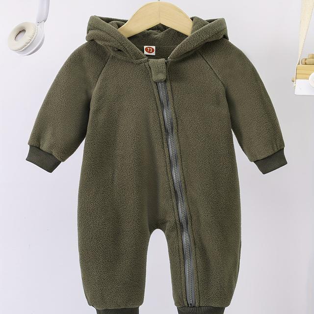 TEMU Witziger Dinosaurier Reißverschluss-Romper - Gemütlicher Fleece-gefütterter Langarm-Jumpsuit für Kinder, Olivgrün mit schwarzen Trägern, Lässige Herbst/Winterkleidung, Perfekt für Draußen
