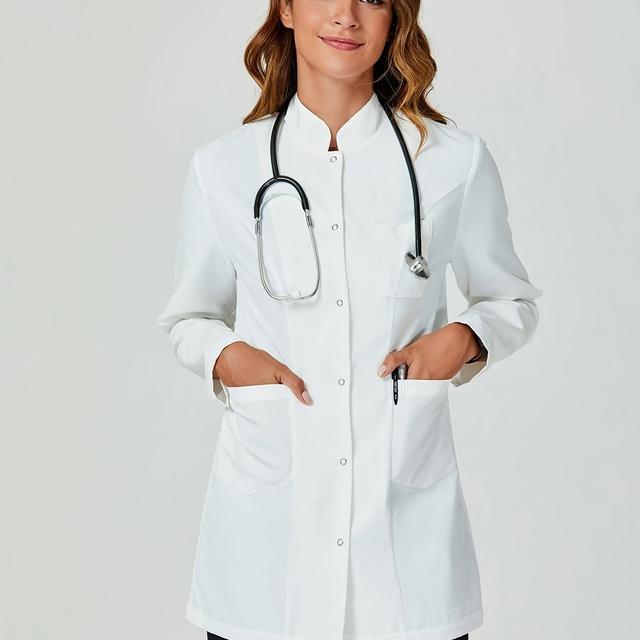 TEMU Witte witte labjas met lange mouwen en kraag, stijlvolle damesjas voor onderweg met meerdere zakken, rolspel top - Zomerse zonnewende