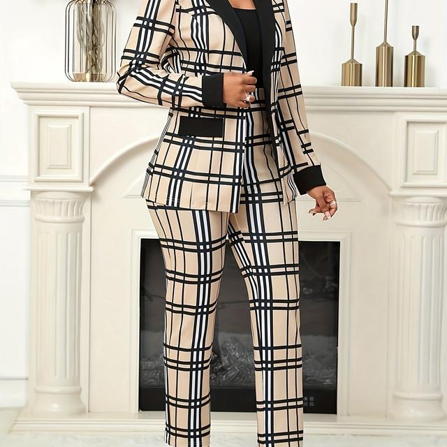 TEMU European And American Spring And Autumn Style Geometric Pattern Print Collar Long Sleeve Net Cloth False Bag Lid Open Single Button Casual Suit Jacket Rubber Band Shrink Waist Trousers Set