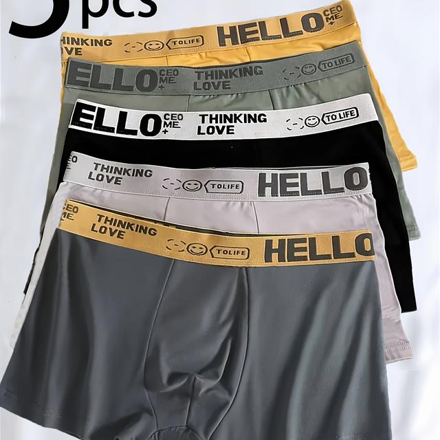 TEMU 5pcs Men's "hello" Print Boxer Briefs - Breathable, Quick-dry, Stretchy Polyester Underwear With Letter Print For & Style, Comfortable Underwear | Letter Print | Smooth Texture