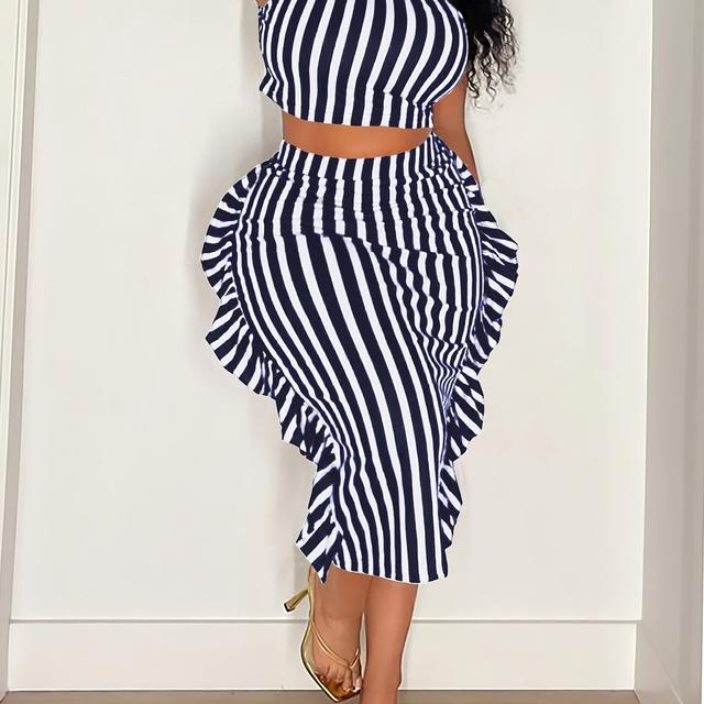 TEMU Women's Elegant Two-piece Striped Print Sleeveless Top & Ruffle Skirt Set - Polyester, Crew Neck, Wear, Casual Attire|striped Pattern|polyester Fabric